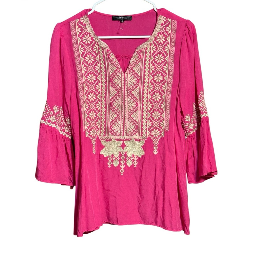 Andree by Unit Pink Embroidered Boho Blouse Bell Sleeve Rayon Top L